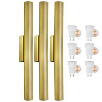 Kit 3 Arandela Tubo Cilindro Aluminio Dourado 40cm + Lâmpada Led Branco Frio