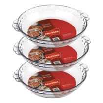 Kit 3 Assadeira De Vidro Redonda Filetada Forma Marinex Com Aba 600ml