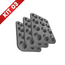 Kit 3 Assadeira Formas Cupcake 12 Cavidades Antiaderente Empada Bolinhos Pão Mel Queijo Grande Metal