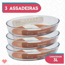 Kit 3 Assadeira Oval Vidro Temperado 3L Forno Freezer Massas