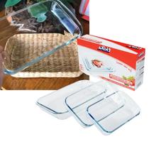 Kit 3 Assadeiras de Vidro Refratárias Borossilicato Retangular para Forno e Microondas Ideais para Lasanha, Tortas, Carnes Assados