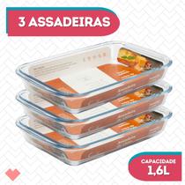 Kit 3 Assadeiras Vidro Retangular 1,6L AirFryer Forno Massas