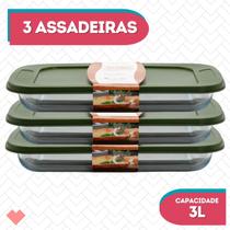 Kit 3 Assadeiras Vidro Retangular 3L Com Tampa Sortida