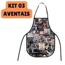 Kit 3 Avental de Cozinha Lavanderia Estampado e Preto Impermeável Multiuso - BemPrat