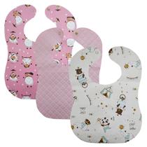 Kit 3 Babador Bebe Impermeavel 25x34cm Varias Estampas Sortidas Botão Pressão Menino Menina