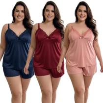 Kit 3 Baby Doll Amamentação Plus Size Feminino Maternidade Gestante Pós Parto Com Click Pijama