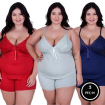 Kit 3 Baby Doll Feminino Plus Size Blusa e Short de Dormir Simone MARINHO VERMELHO E VERDE