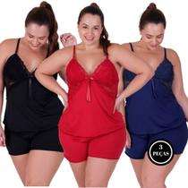 Kit 3 Baby Doll Plus Size Blusa Alça e Short Detalhe Renda - c12 KIT 3 SIMONE PRETO MARINHO VERMELHO
