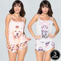 Kit 3 Baby Dolls Curto Estampado Short Regata Pijama Alça