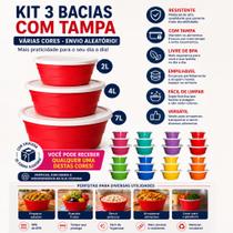 Kit 3 Bacias com Tampa 2L 4L 7L Plástico Reforçado Multiuso Cores Sortidas Kit 3 Bacias com Tampa 2L 4L 7L Plástico Reforçado Multiuso Cores Sortidas