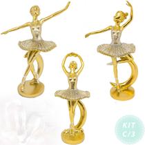 Kit 3 Bailarinas Decorativa Estátua Enfeite Dançarina Quarto Estatueta Resina Com Brilho