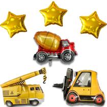 Kit 3 Balões Metalizados Caminhão de Construção: Guindaste, Empilhadeira, Betoneira + 3 Estrelas
