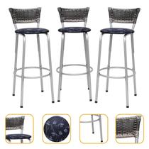 Kit 3 Banco Banqueta Estrutura Prata Bar Bistrô Balcão Cozinha Lanchonete Encosto Junco Degradê 70cm Itagold