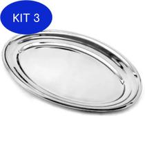 Kit 3 Bandeja Aço Inox Grande Servir Café Da Manha Travessa 32Cm