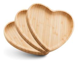 Kit 3 Bandeja Formato De Coração De Bambu Heart Petisqueira