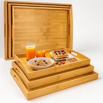 Kit 3 Bandeja Retangular de Bambu Pequena Média Grande Com Alça Laterais p/ Servir Café da Manhã Yab