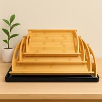 Kit 3 Bandejas De Bambu Retangular Decorativa com Alca De Servir Multiuso Para Cozinha Mesa Posta