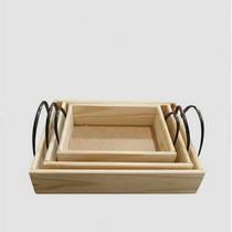 Kit 3 Bandejas de Madeira Pinus com Alças para Servir Café da Manhã e Decoração