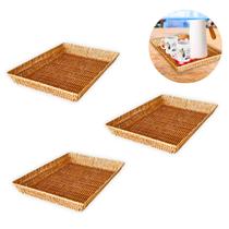 Kit 3 Bandejas rattan retangular cestinha Decorativas grande para mesa bancada café chá frutas