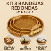 Kit 3 Bandejas Redondas Decorativas em Madeira Natural Café chá decoração de casa