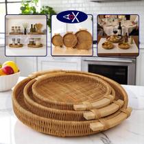 Kit 3 Bandejas Redondas Para Servir Decorativa Entrelaçada Madeira Rústica Elegante Cozinha Sala Decoração Café