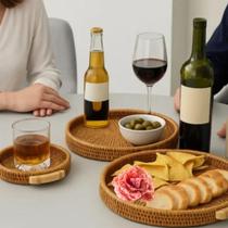 Kit 3 Bandejas Rústicas Redondas em Madeira Tipo Vime Decoração Top Rio