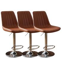 Kit 3 Banqueta Bar Concha Ajustável em material ecológico Design Moderno Base Cromada Marrom