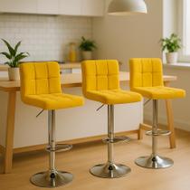 Kit 3 Banqueta Cadeiras Altas Com Encosto Alto Estofado Para Cozinha Americana Balcão Bancada Ilha Altura Ajustável Giratória Gomos Amarelo Kit 3 Banqueta Cadeiras Altas Com Encosto Alto Estofado Para Cozinha Americana Balcão Bancada Ilha Altura Ajustável Giratória Gomos Amarelo