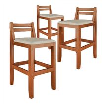 kit 3 Banqueta Ilha Madeira Estofada Bege Encosto Confortável Cozinha Gourmet Varanda