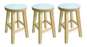 Kit 3 Banqueta Media Hardman Madeira Natural Assento Redondo MDF Branco Kit 3 Banqueta Media Hardman Madeira Natural Assento Redondo MDF Branco