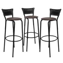 Kit 3 Banquetas Alta 80cm Balcão Ilha Cozinha Americana Bar Bancada Área Gourmet Junco Preto Estrutura Preta Kit 3 Banquetas Alta 80cm Balcão Ilha Cozinha Americana Bar Bancada Área Gourmet Junco Preto Estrutura Preta