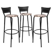 Kit 3 Banquetas Alta 80cm Balcão Ilha Cozinha Americana Bar Bancada Área Gourmet Junco Preto Estrutura Preta