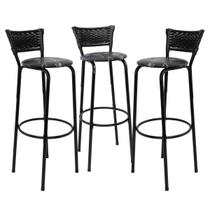 Kit 3 Banquetas Alta 80cm Balcão Ilha Cozinha Americana Bar Bancada Área Gourmet Junco Preto Estrutura Preta