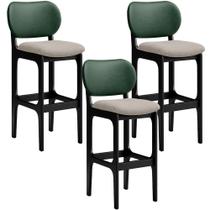 Kit 3 Banquetas Alta Bar Cozinha Sala Jantar Betta L02 Preto Facto Verde Linho Bege - Lyam Decor