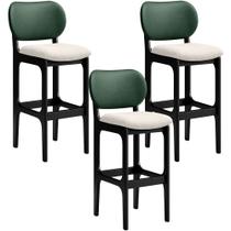 Kit 3 Banquetas Alta Bar Cozinha Sala Jantar Fixa Betta L02 Preto Facto Verde Linho Cru - Lyam Decor
