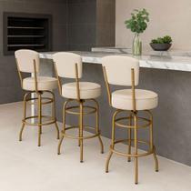 Kit 3 Banquetas Alta Bar Giratória com Encosto cor Dourado fosco Assento cor linho bege grosso Confortável