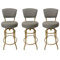 Kit 3 Banquetas Alta Bar Giratória com Encosto cor Dourado fosco Assento cor linho Cinza grosso Confortável Kit 3 Banquetas Alta Bar Giratória com Encosto cor Dourado fosco Assento cor linho Cinza grosso Confortável