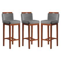 Kit 3 Banquetas Alta com Encosto 38x102 Cm Líbia Madeira Maciça Suede Cinza CCS Kit 3 Banquetas Alta com Encosto 38x102 Cm Líbia Madeira Maciça Suede Cinza CCS