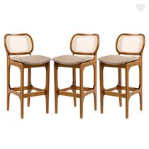 Kit 3 Banquetas Alta com Encosto Decor Madeira Imbuia Encosto Rattan Linho Marrom L87 Kit 3 Banquetas Alta com Encosto Decor Madeira Imbuia Encosto Rattan Linho Marrom L87