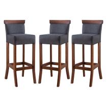 Kit 3 Banquetas Alta com Encosto Estofado Diamantina em Madeira Maciça Imbuia Linho Cinza L67 RMI Kit 3 Banquetas Alta com Encosto Estofado Diamantina em Madeira Maciça Imbuia Linho Cinza L67 RMI