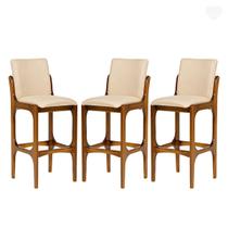 Kit 3 Banquetas Alta com Encosto Lisboa Madeira Imbuia Linho Bege M58 Kit 3 Banquetas Alta com Encosto Lisboa Madeira Imbuia Linho Bege M58