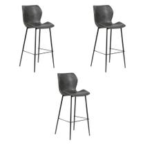 Kit 3 Banquetas Alta com Encosto para Bancada Cozinha Penha R02 PU Cinza Chumbo - Mpozenato