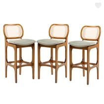 Kit 3 Banquetas Alta com Encosto Rattan Decor Madeira Imbuia Linho Verde L84 Kit 3 Banquetas Alta com Encosto Rattan Decor Madeira Imbuia Linho Verde L84