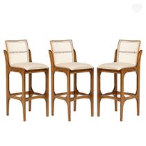 Kit 3 Banquetas Alta com Encosto Rattan Lisboa Madeira Imbuia Linho Bege M58 RMI Kit 3 Banquetas Alta com Encosto Rattan Lisboa Madeira Imbuia Linho Bege M58 RMI