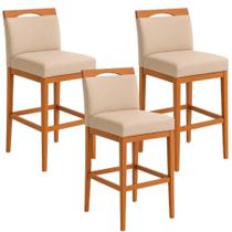 Kit 3 Banquetas Alta Cozinha Gourmet Conforto Linho Cor:Linho Bege