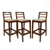 Kit 3 Banquetas Alta de Madeira Estofada Grécia Castanho Linho Bege CCS