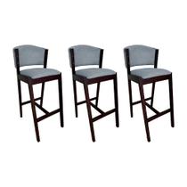 Kit 3 Banquetas Alta de Madeira Maciça Castanho Premium Ana com Encosto Linho Cinza Kit 3 Banquetas Alta de Madeira Maciça Castanho Premium Ana com Encosto Linho Cinza