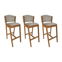 Kit 3 Banquetas Alta de Madeira Maciça Cerejeira Premium Ana com Encosto Linho Bege Kit 3 Banquetas Alta de Madeira Maciça Cerejeira Premium Ana com Encosto Linho Bege