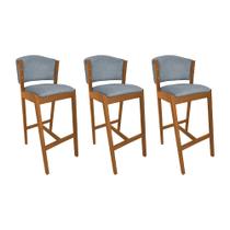 Kit 3 Banquetas Alta de Madeira Maciça Cerejeira Premium Ana com Encosto Linho Cinza Kit 3 Banquetas Alta de Madeira Maciça Cerejeira Premium Ana com Encosto Linho Cinza