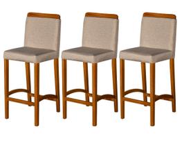 Kit 3 Banquetas Alta Dubai com Puxador em Madeira Maciça Banco Estofado Reflorestada Sala Gourmet Serv Festa Bar Lazer Sacada Apartamento Balcão